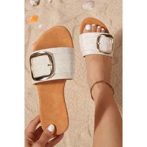 NEW AAPPARELLA women's buckle decor linen upper flat slippers in beige